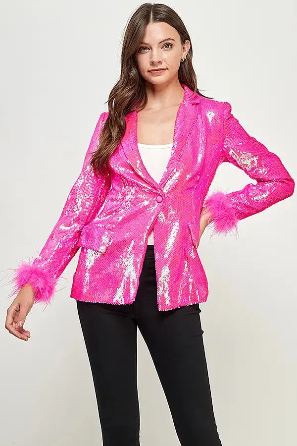 FEATHER TRIM SEQUIN JACKET