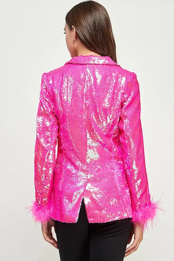 FEATHER TRIM SEQUIN JACKET