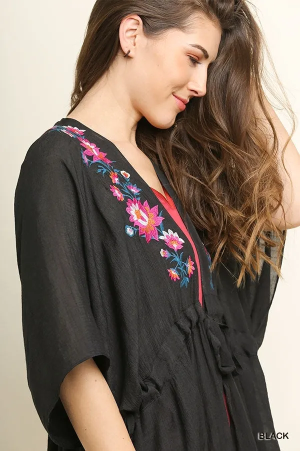 Floral Embroided Kimono, Black