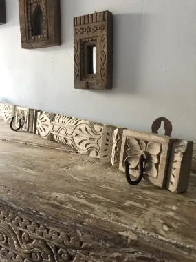 Floral Hand Carved Indian Wooden Coat Rack Wall Hanger With 3 Hooks 100cm B