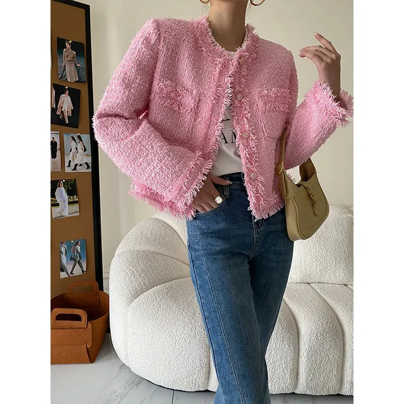 Flytonn-Fall Outfits Women Outwear Streetwear -Pink Fringe Fur Shoulder Pad Tweed Jacket Blazer Boucle Crop Coat for Women 2024 Spring