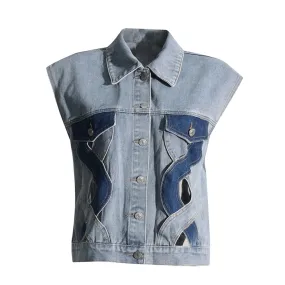 Hit Color Denim Waistcoats For Women Lapel Sleeveless Hollow Out Loose Casual Waistcoat Female Fashion Clothing