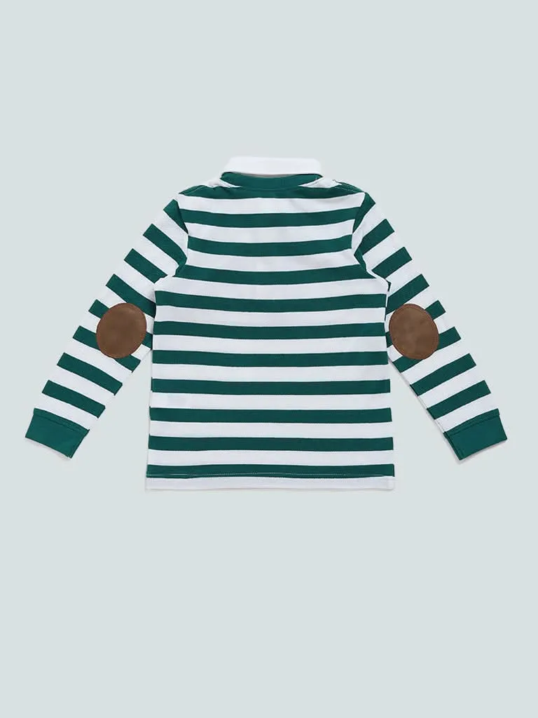 HOP Kids Green Striped Collar Neck T-Shirt