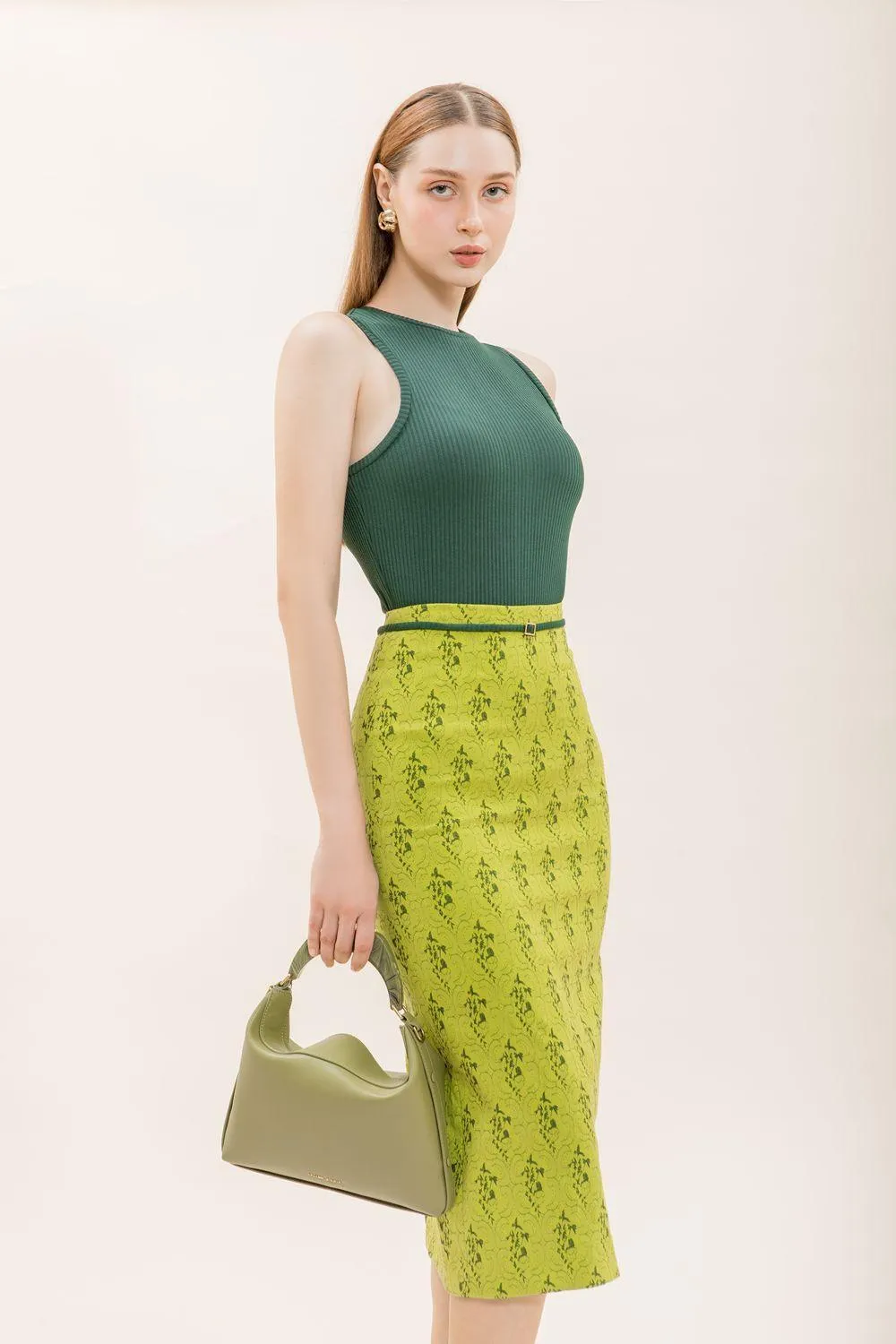 Juniper Pencil High Waist Brocade Midi Skirt