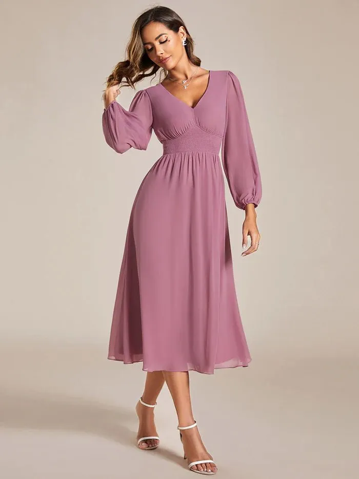 Knee Length Long Sleeves Chiffon Bridesmaid Dress