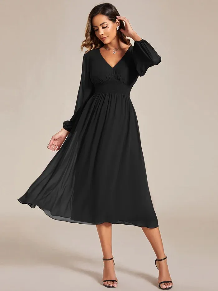 Knee Length Long Sleeves Chiffon Bridesmaid Dress