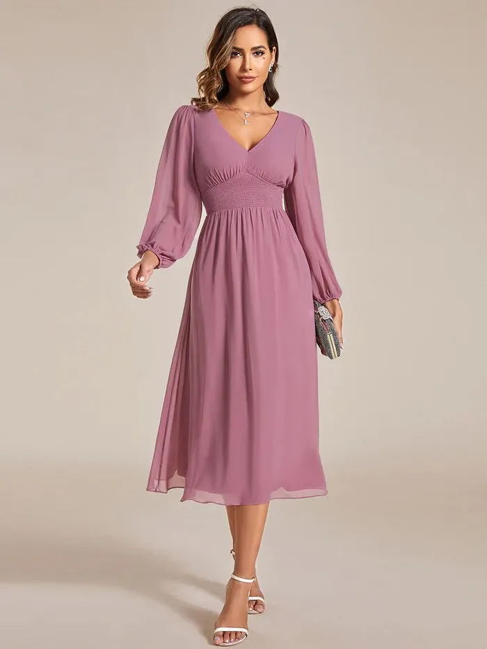 Knee Length Long Sleeves Chiffon Bridesmaid Dress