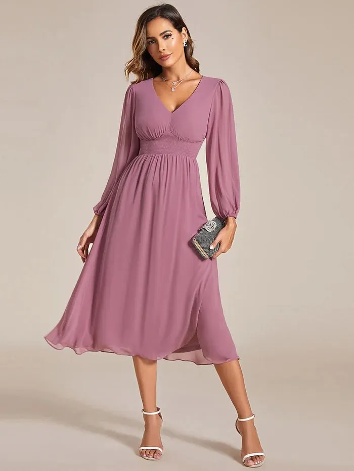 Knee Length Long Sleeves Chiffon Bridesmaid Dress