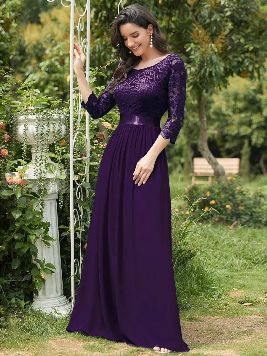 Lace Top High Neck Three Quarter Sleeve Bridesmaid Dress