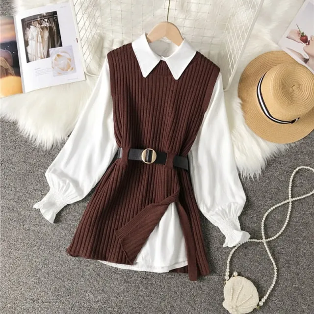 lantern sleeve shirt fashion 2021 women's knitted vest two piece sets of College style-