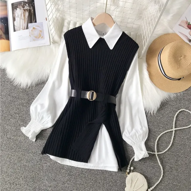 lantern sleeve shirt fashion 2021 women's knitted vest two piece sets of College style-