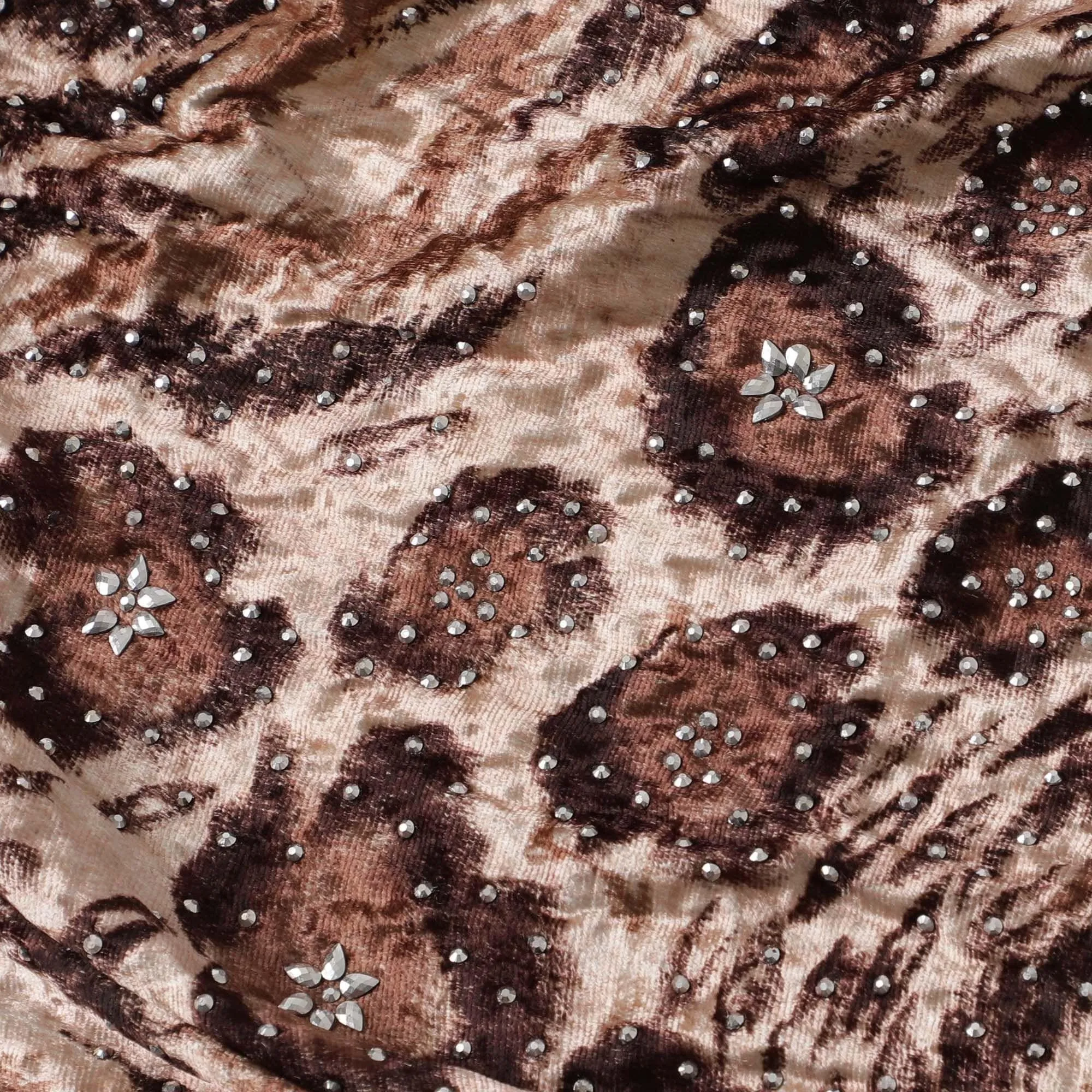 Light salmon pink Rayon velvet fabric with cocoa brown, fawn brown print having metallic silver studs in abstract design