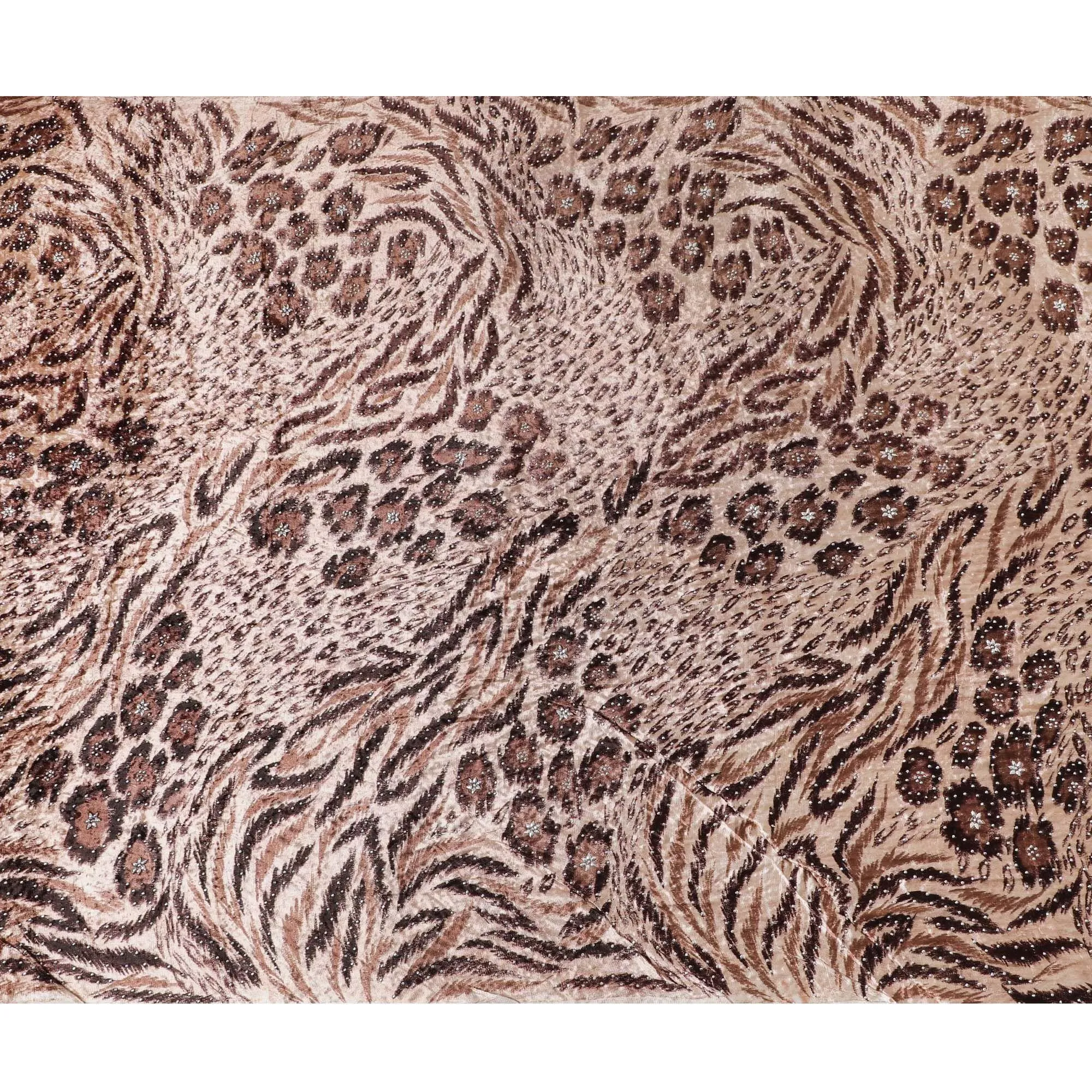 Light salmon pink Rayon velvet fabric with cocoa brown, fawn brown print having metallic silver studs in abstract design