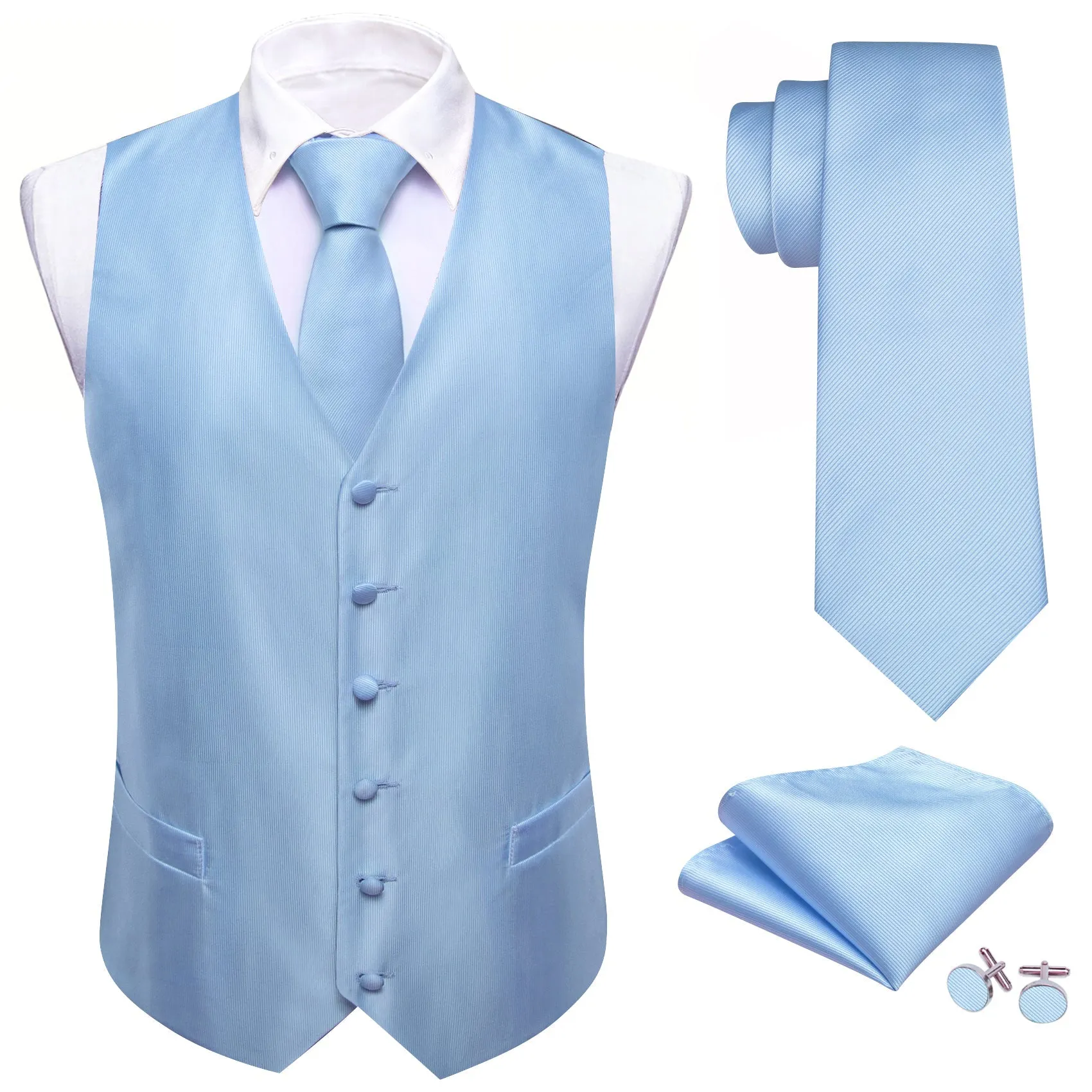 LightSkyBlue Striped Silk Men's Vest Necktie Set Waistcoat Suit Set