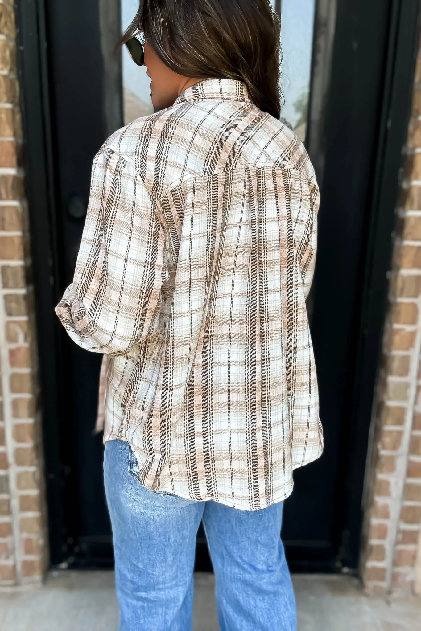 Long Plaid Khaki Print Button Down Shirt