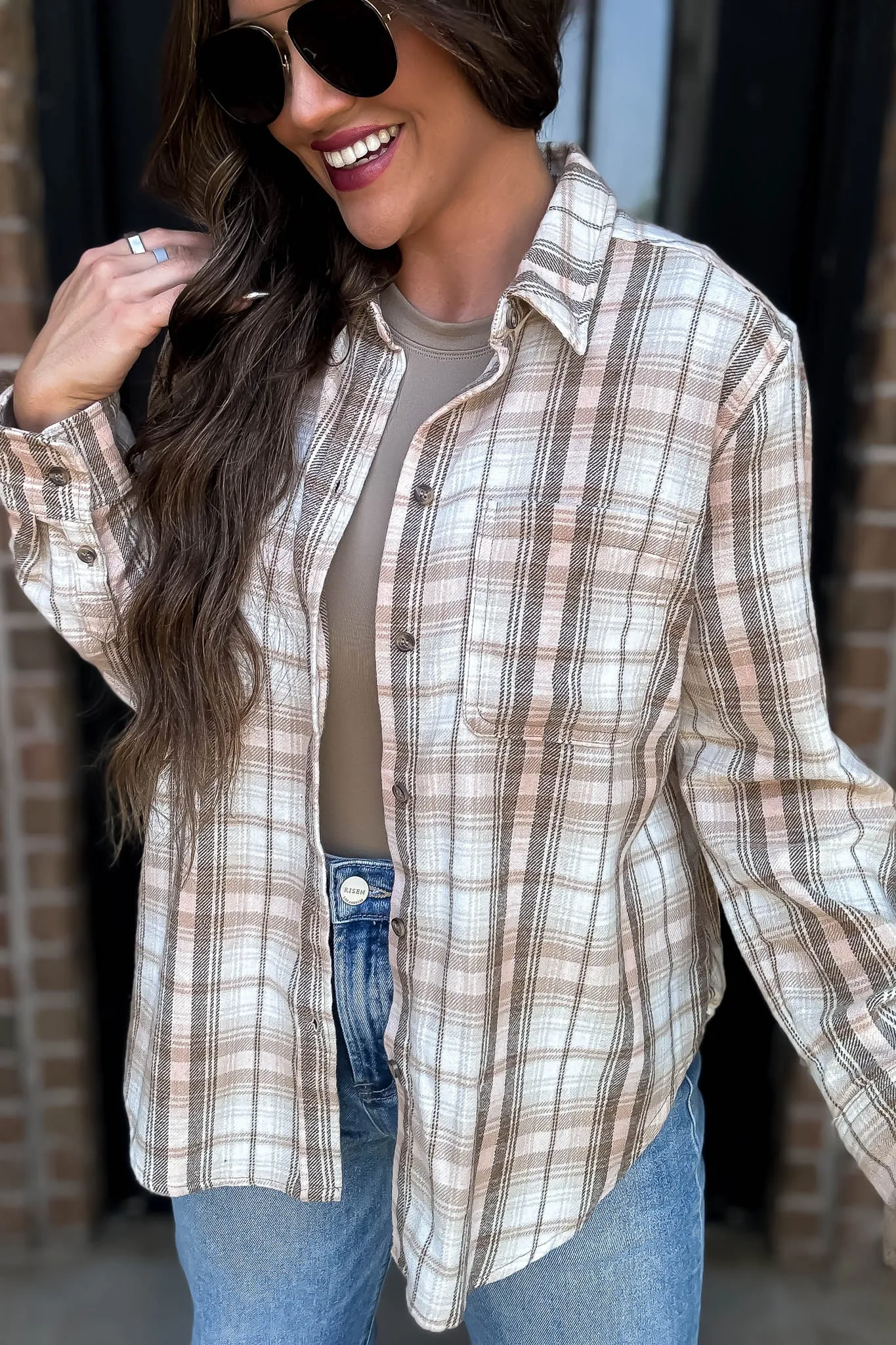 Long Plaid Khaki Print Button Down Shirt