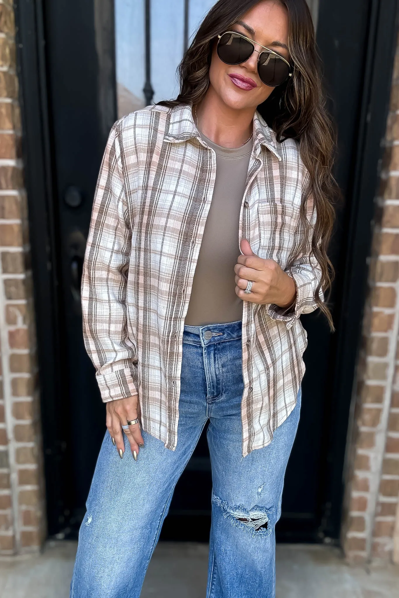 Long Plaid Khaki Print Button Down Shirt