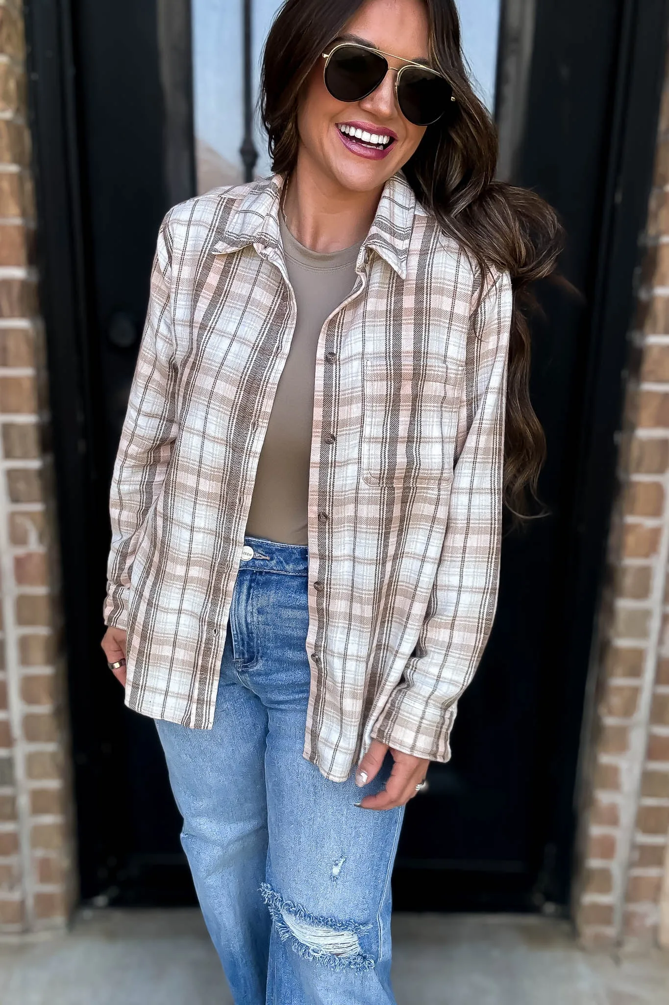 Long Plaid Khaki Print Button Down Shirt