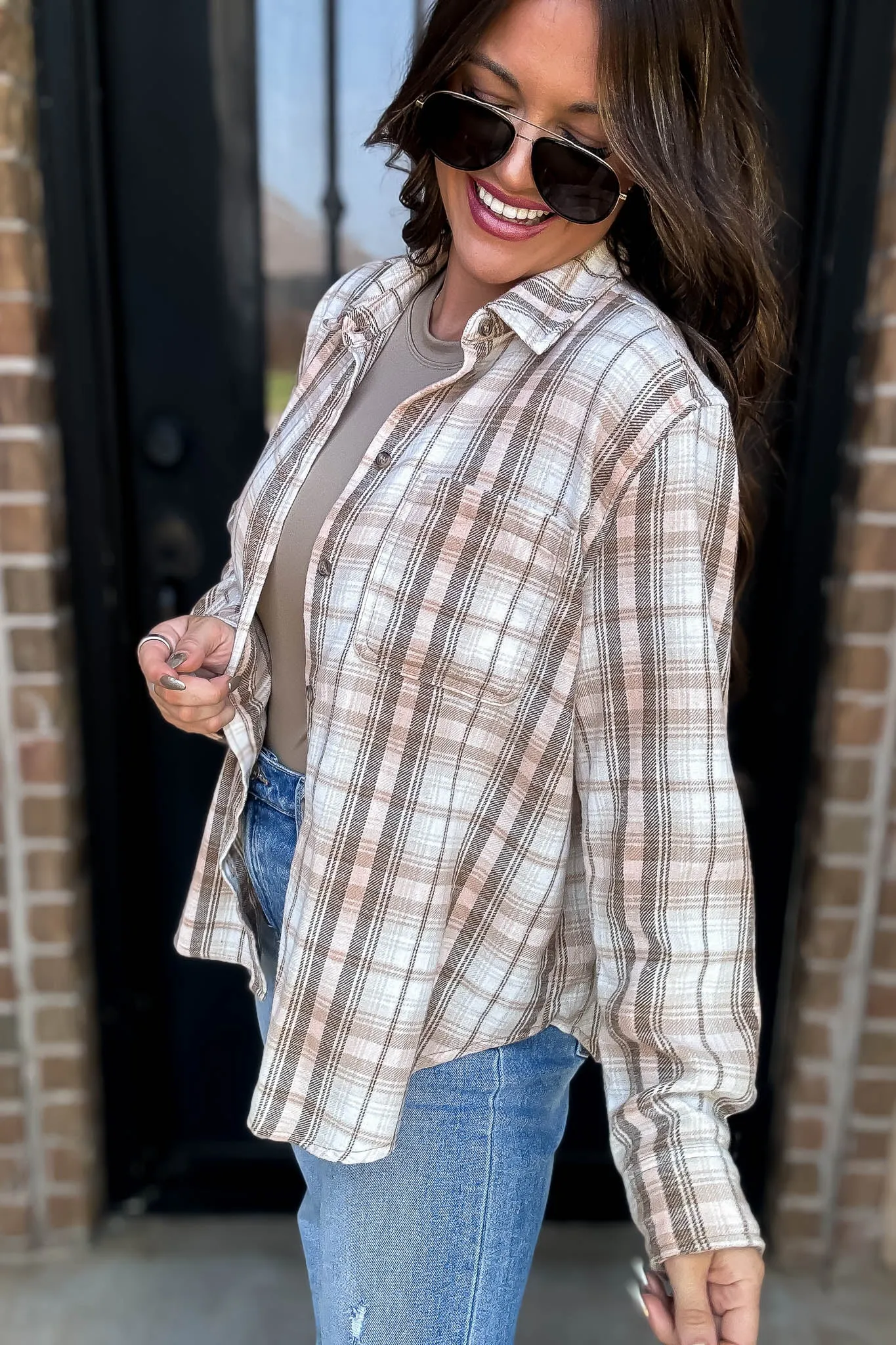 Long Plaid Khaki Print Button Down Shirt