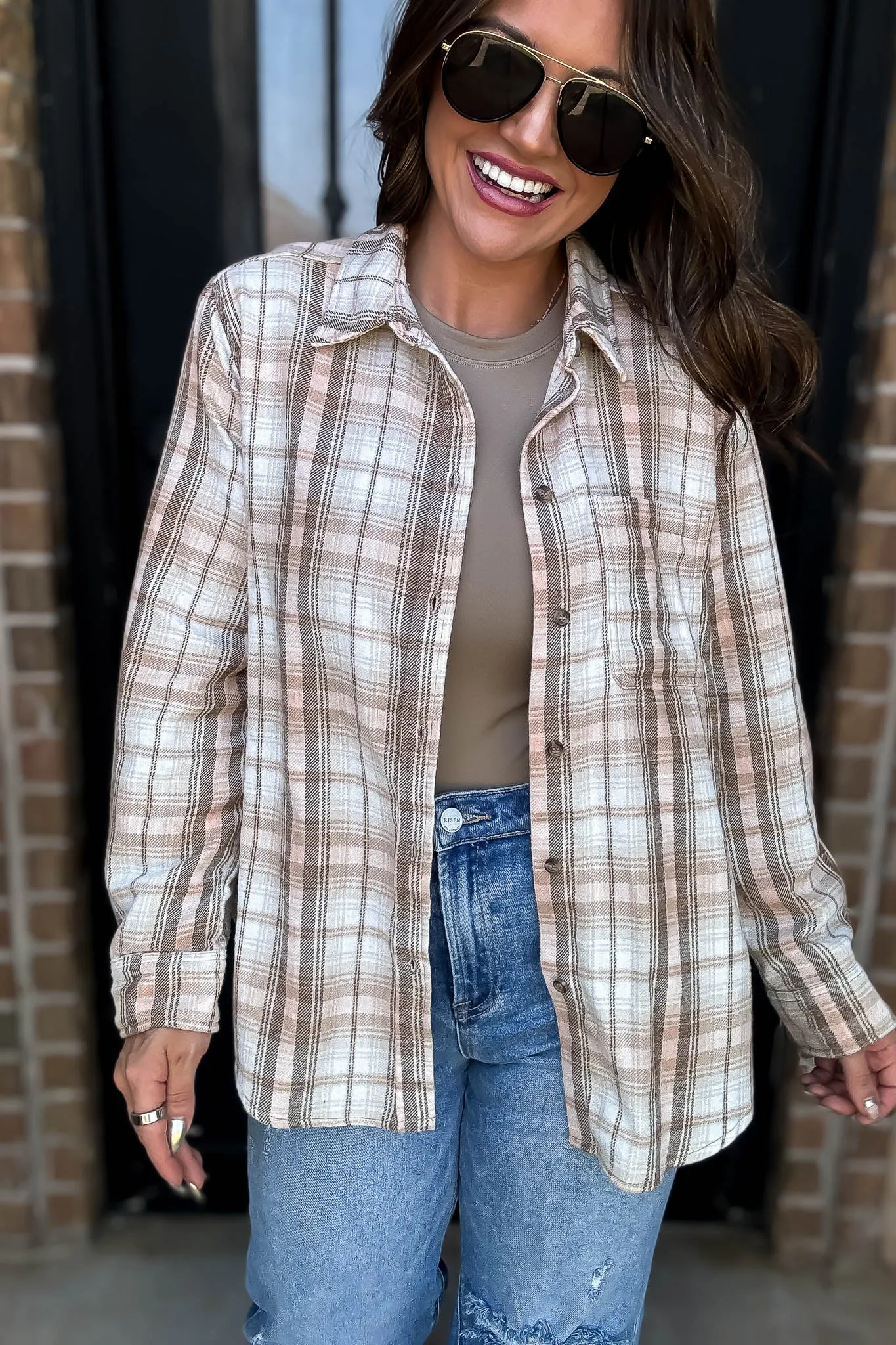 Long Plaid Khaki Print Button Down Shirt