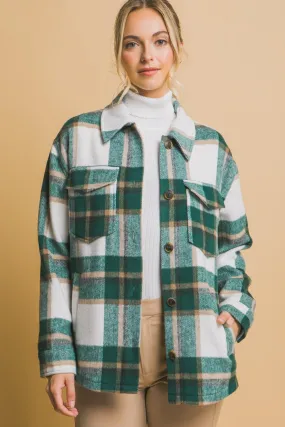 Love Tree Green Plaid Button Up Shacket Pocketed Outwear