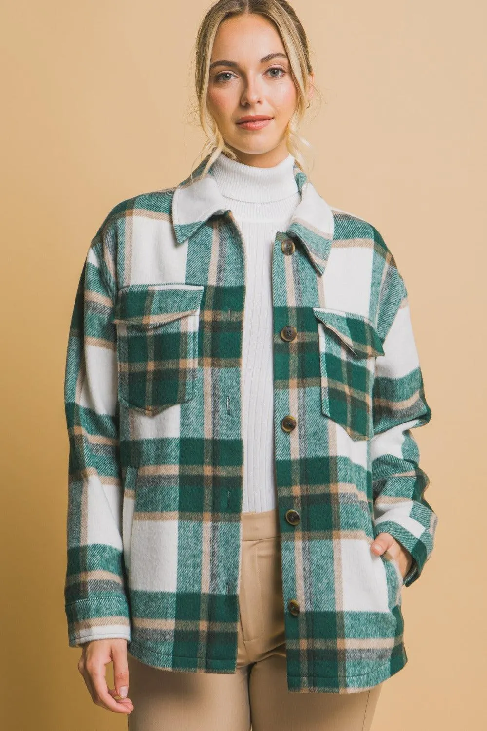 Love Tree Green Plaid Button Up Shacket Pocketed Outwear