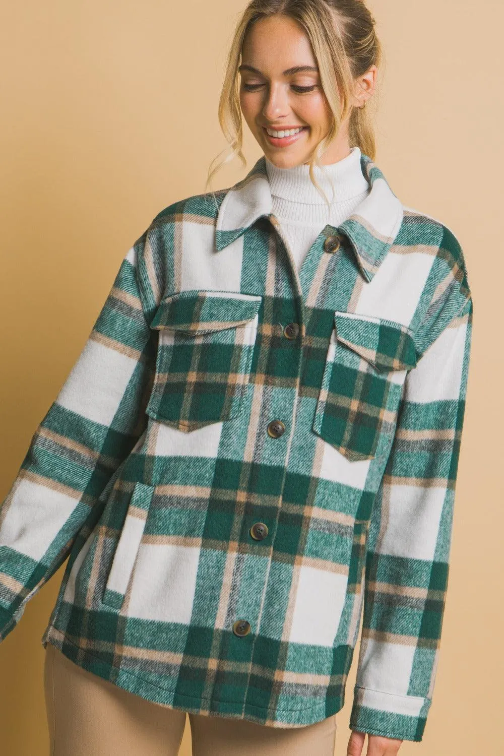 Love Tree Green Plaid Button Up Shacket Pocketed Outwear