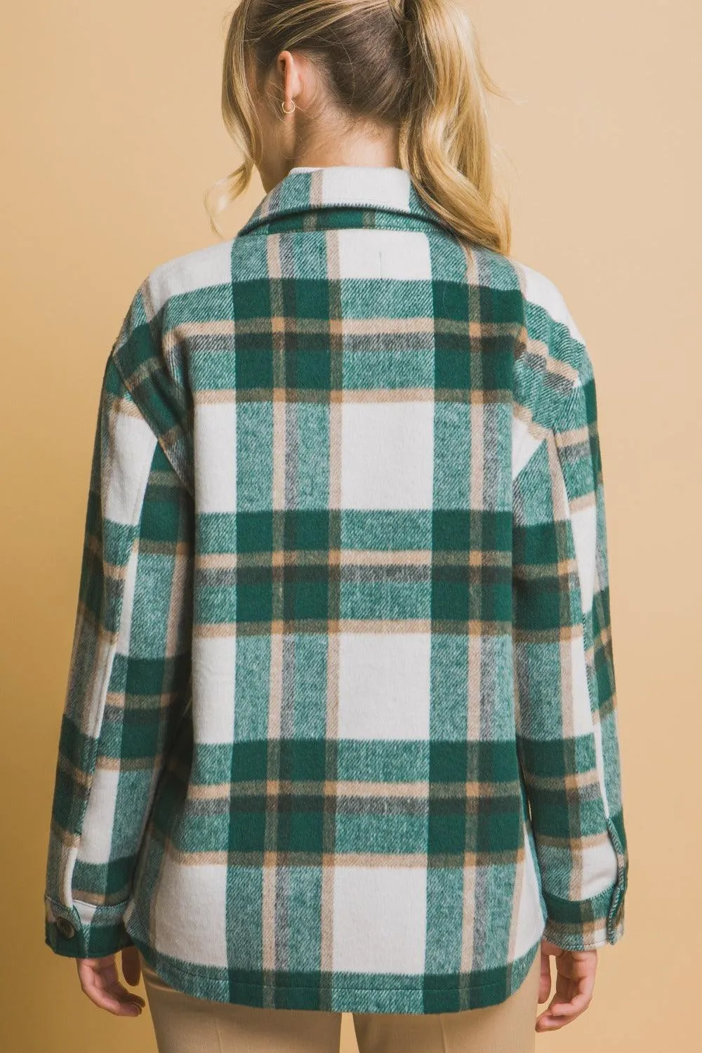 Love Tree Green Plaid Button Up Shacket Pocketed Outwear