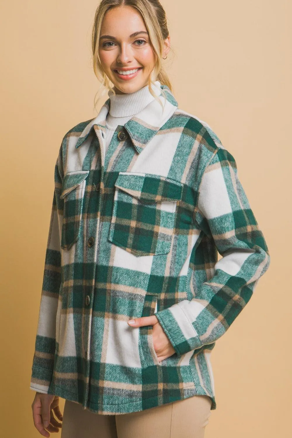 Love Tree Green Plaid Button Up Shacket Pocketed Outwear