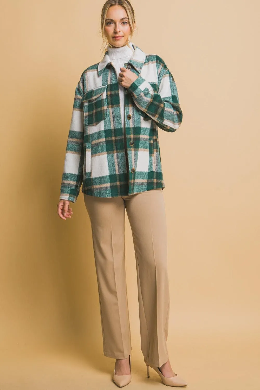 Love Tree Green Plaid Button Up Shacket Pocketed Outwear