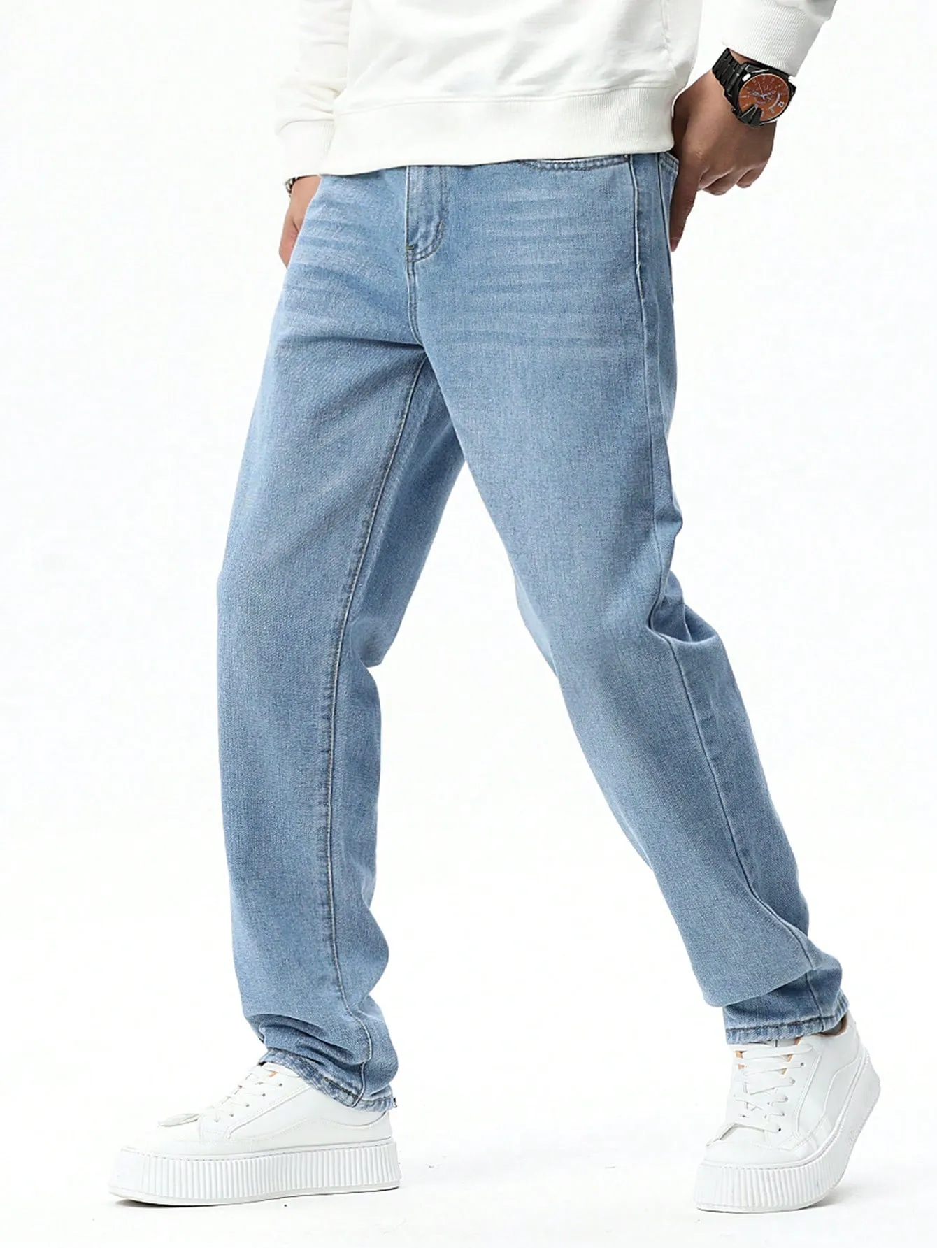 Manfinity Hypemode Men Water Washed Cat Whisker Slant Pocket Straight Jeans