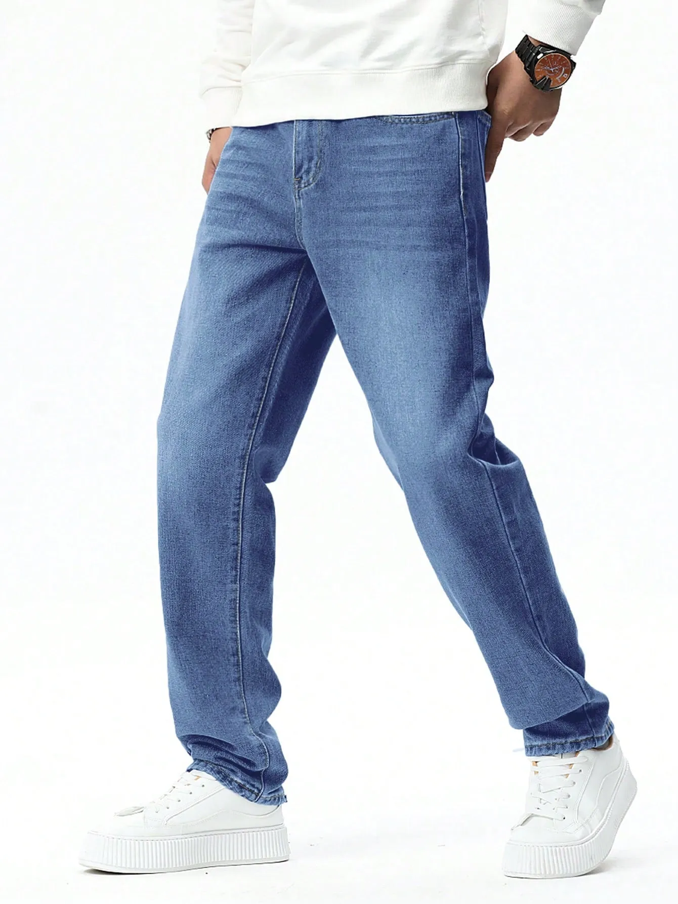 Manfinity Hypemode Men Water Washed Cat Whisker Slant Pocket Straight Jeans