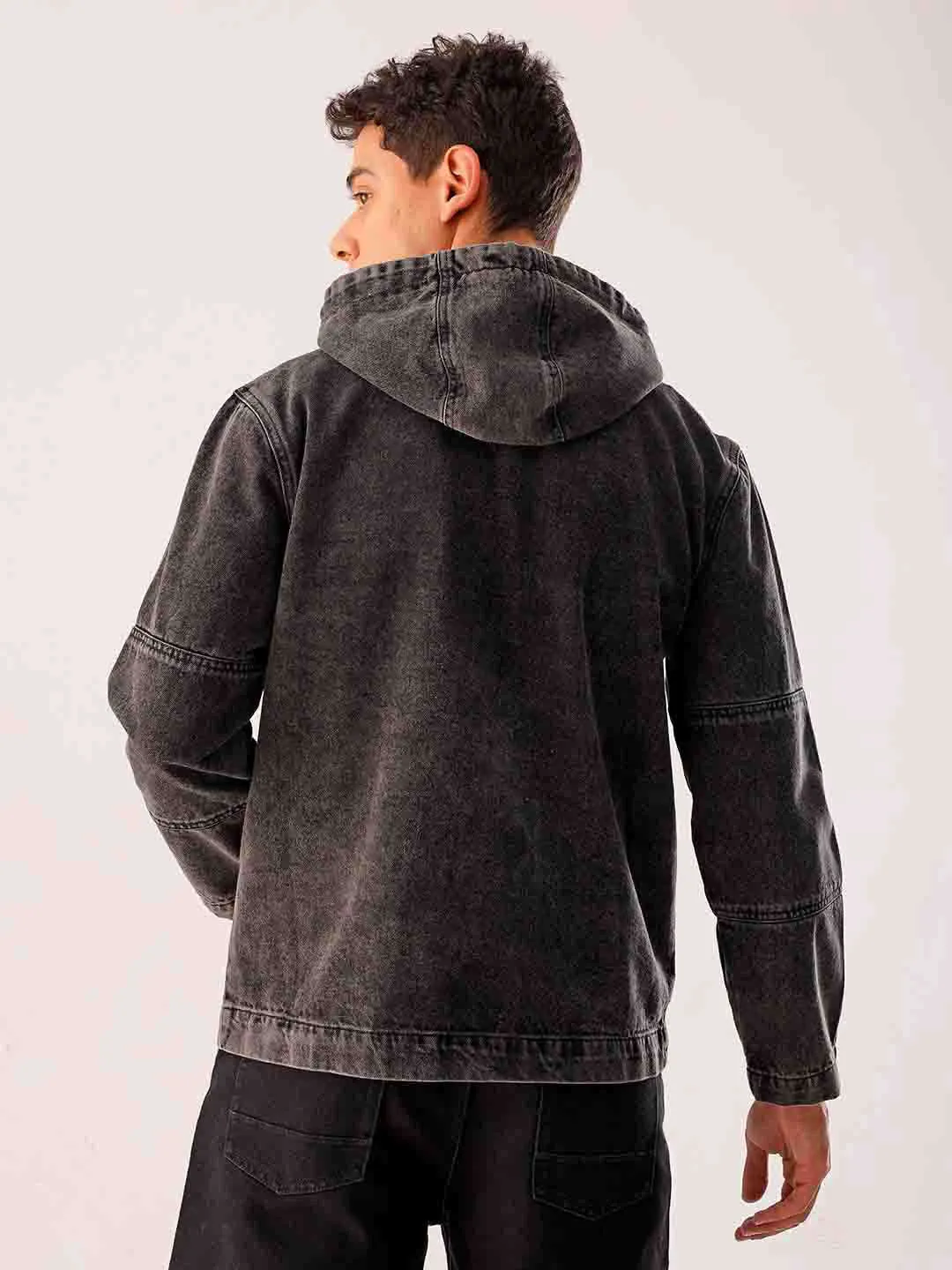 Men Black Relaxed Fit Solid Hooded Denim Jacket