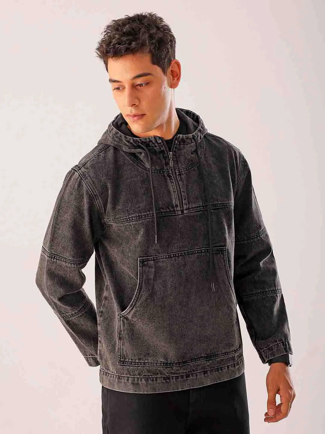 Men Black Relaxed Fit Solid Hooded Denim Jacket