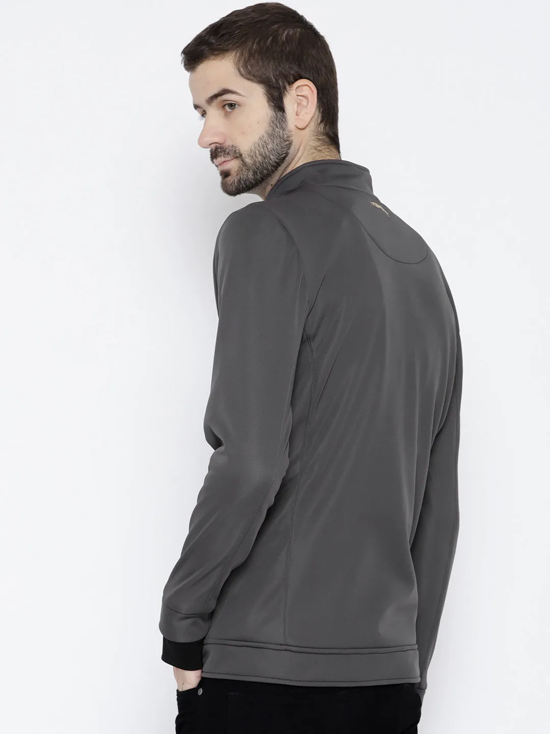 Men Charcoal Solid Open Front Jacket