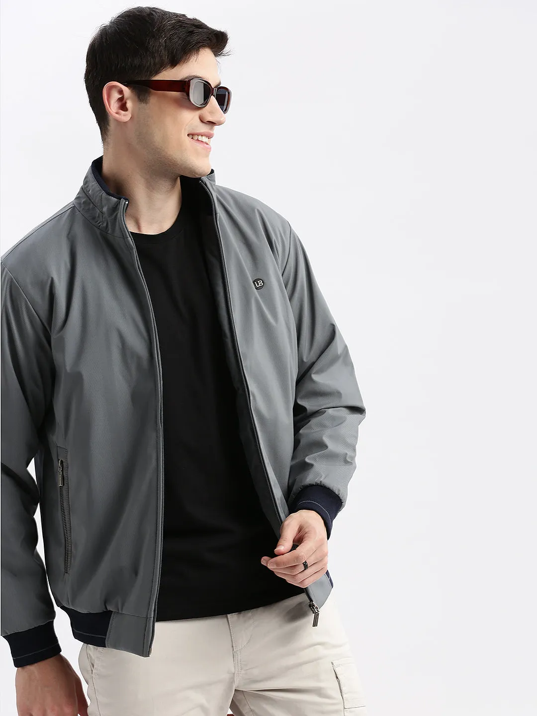 Men Geometric Mock Collar Grey Bomber Jacket