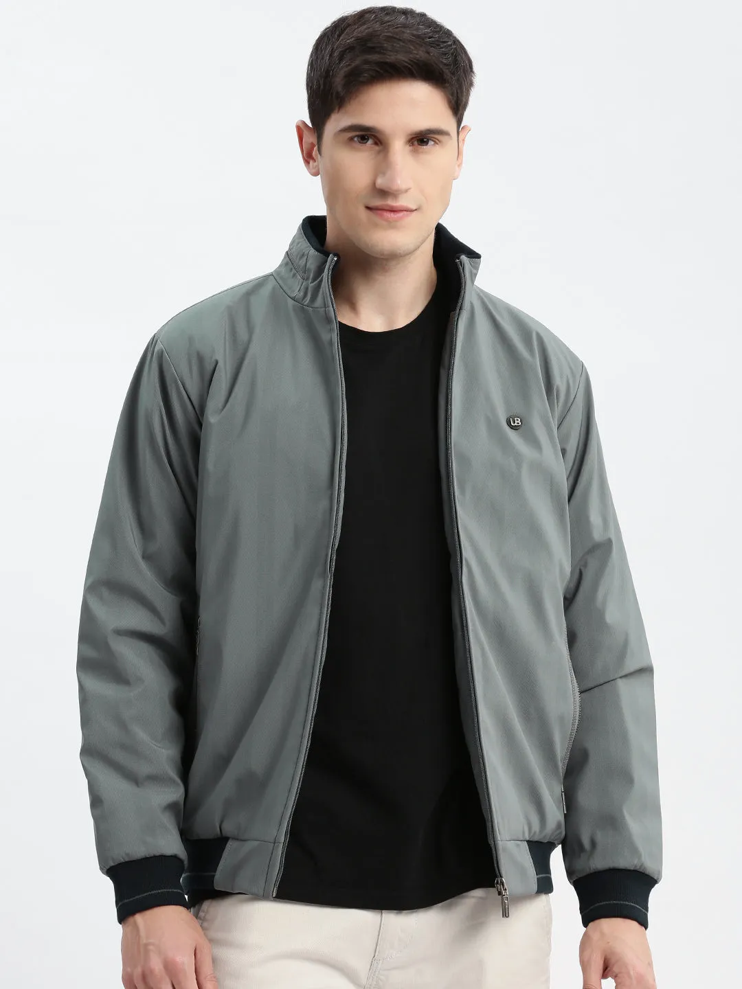 Men Geometric Mock Collar Grey Bomber Jacket