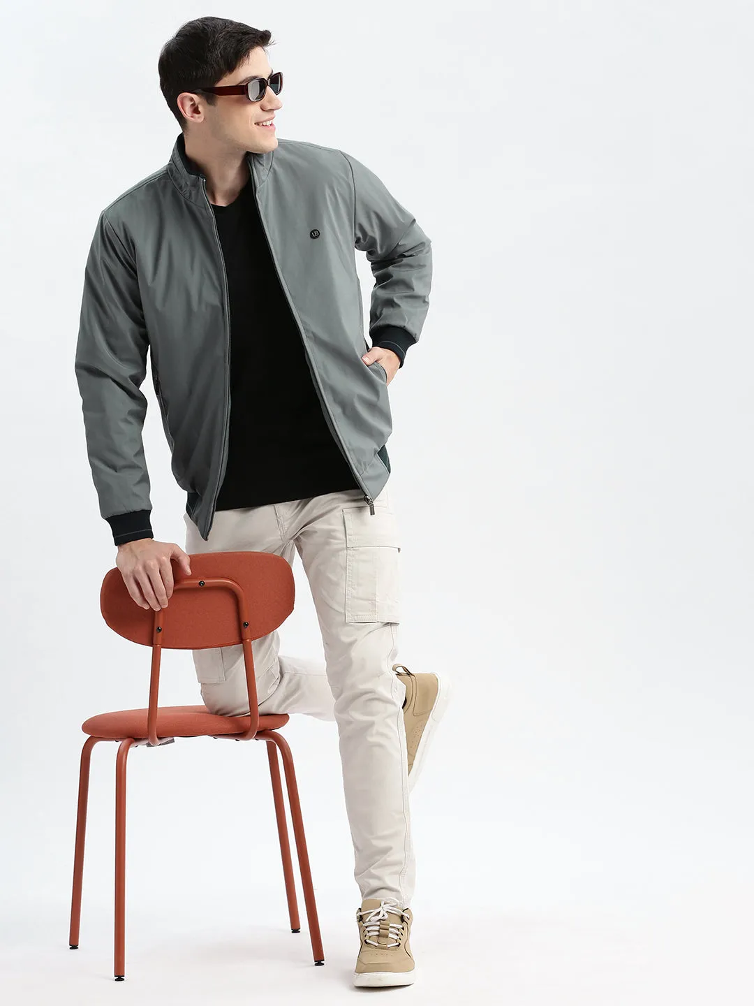 Men Geometric Mock Collar Grey Bomber Jacket