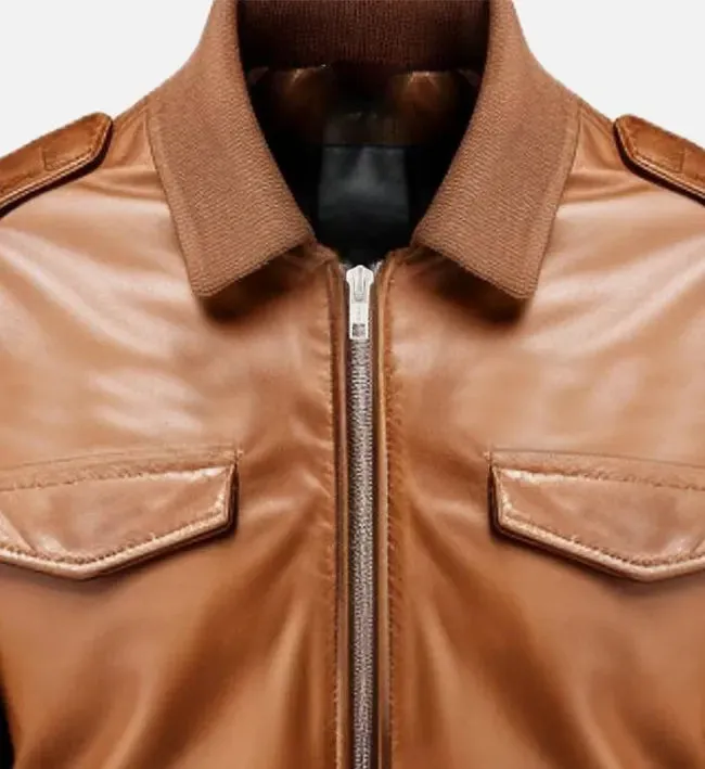 Men's Brown Strap Pockets Bomber Leather Jacket