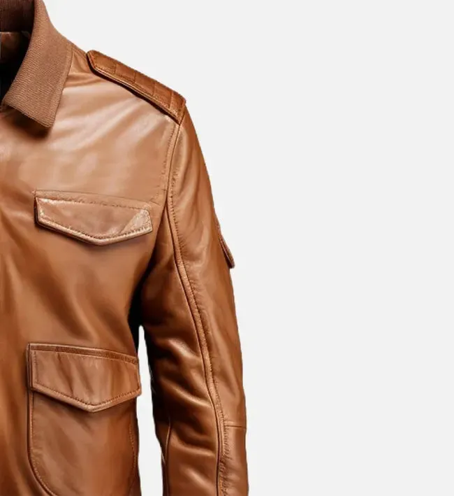 Men's Brown Strap Pockets Bomber Leather Jacket