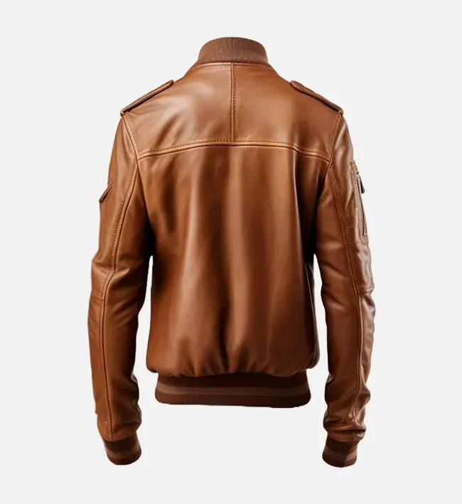 Men's Brown Strap Pockets Bomber Leather Jacket