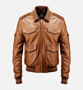 Men's Brown Strap Pockets Bomber Leather Jacket