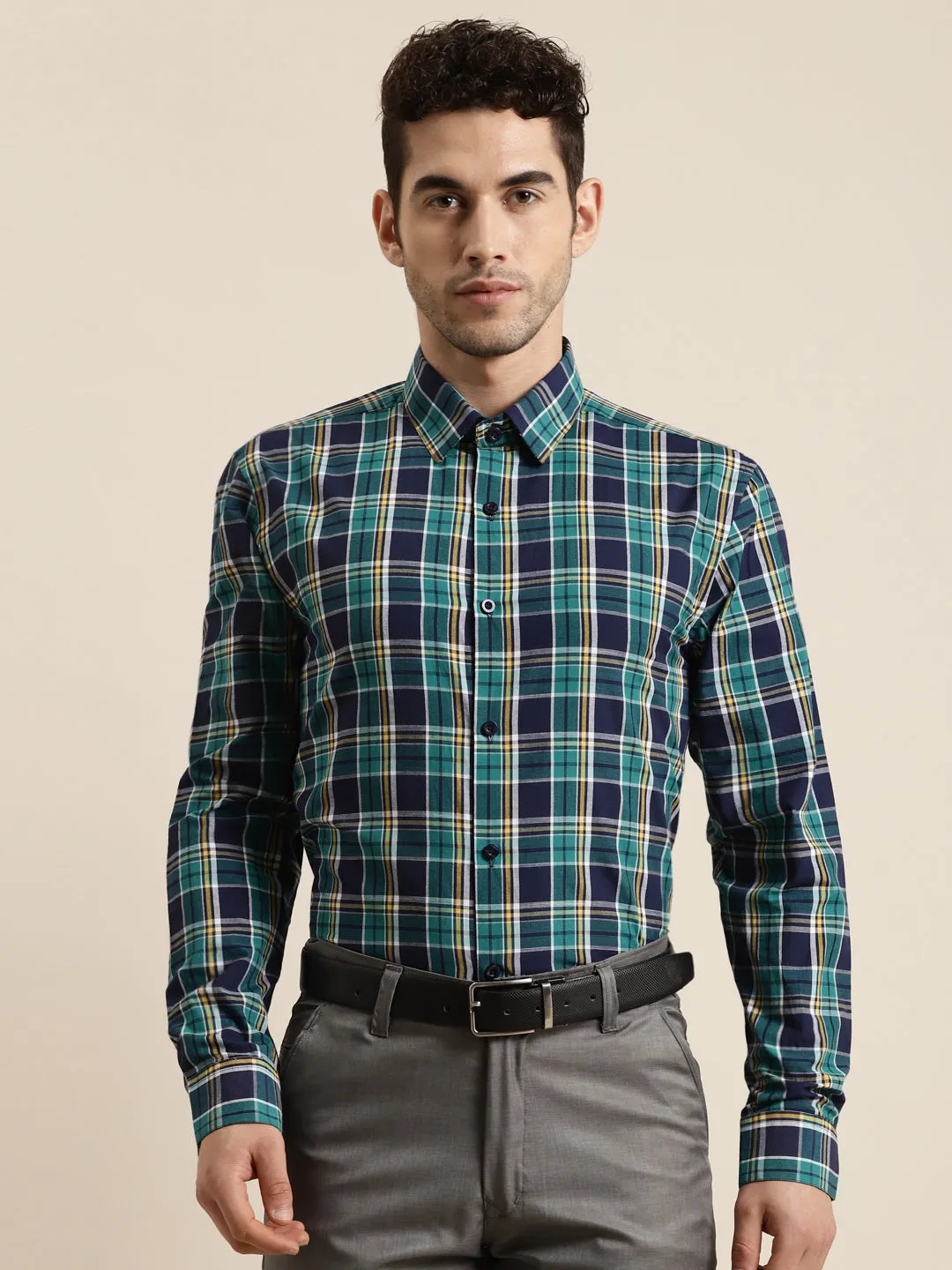 Men's Cotton Dark Green & Navy Casual Shirt