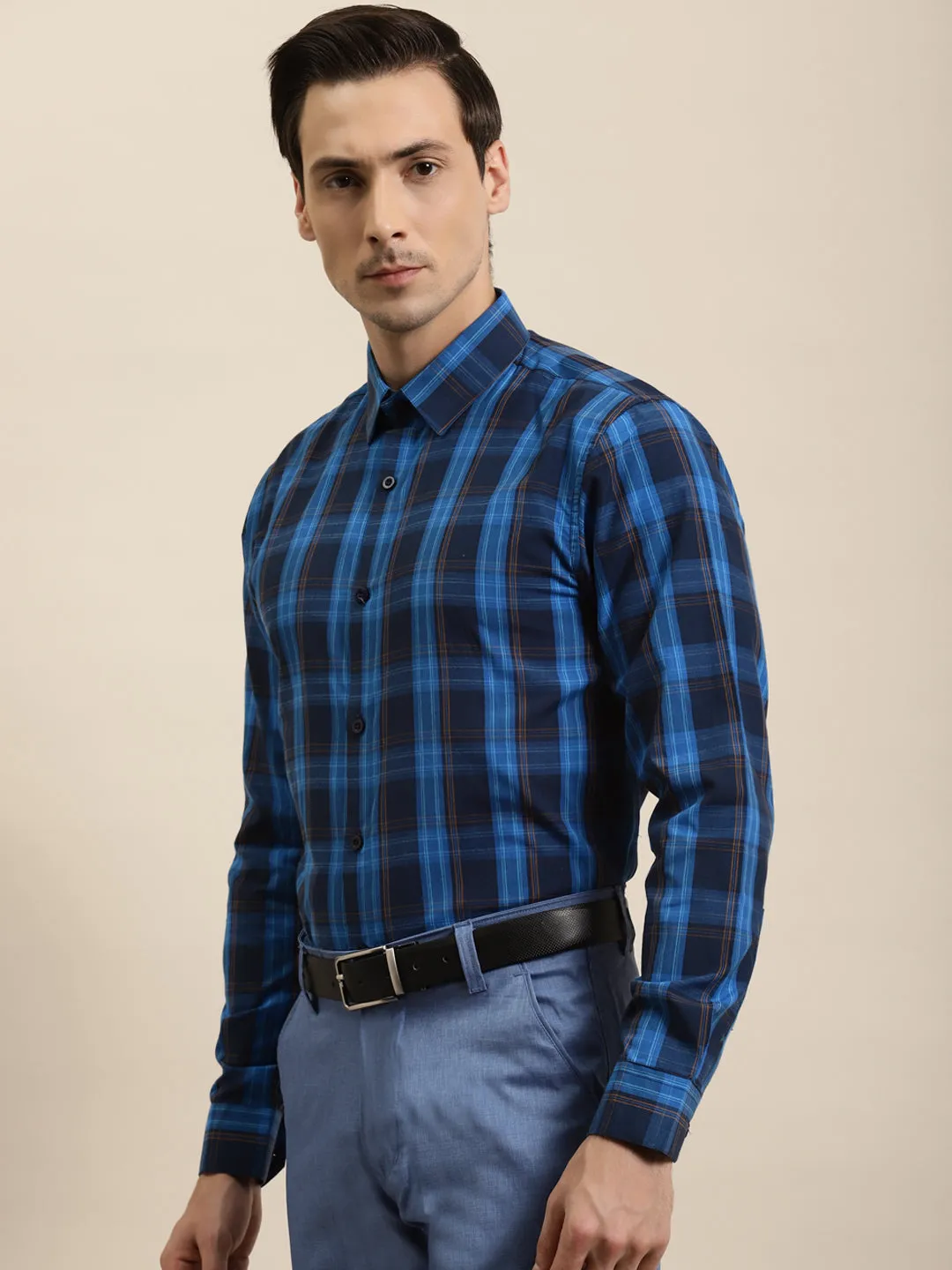 Men's Cotton Navy & Royal blue Formal Shirt - Sojanya