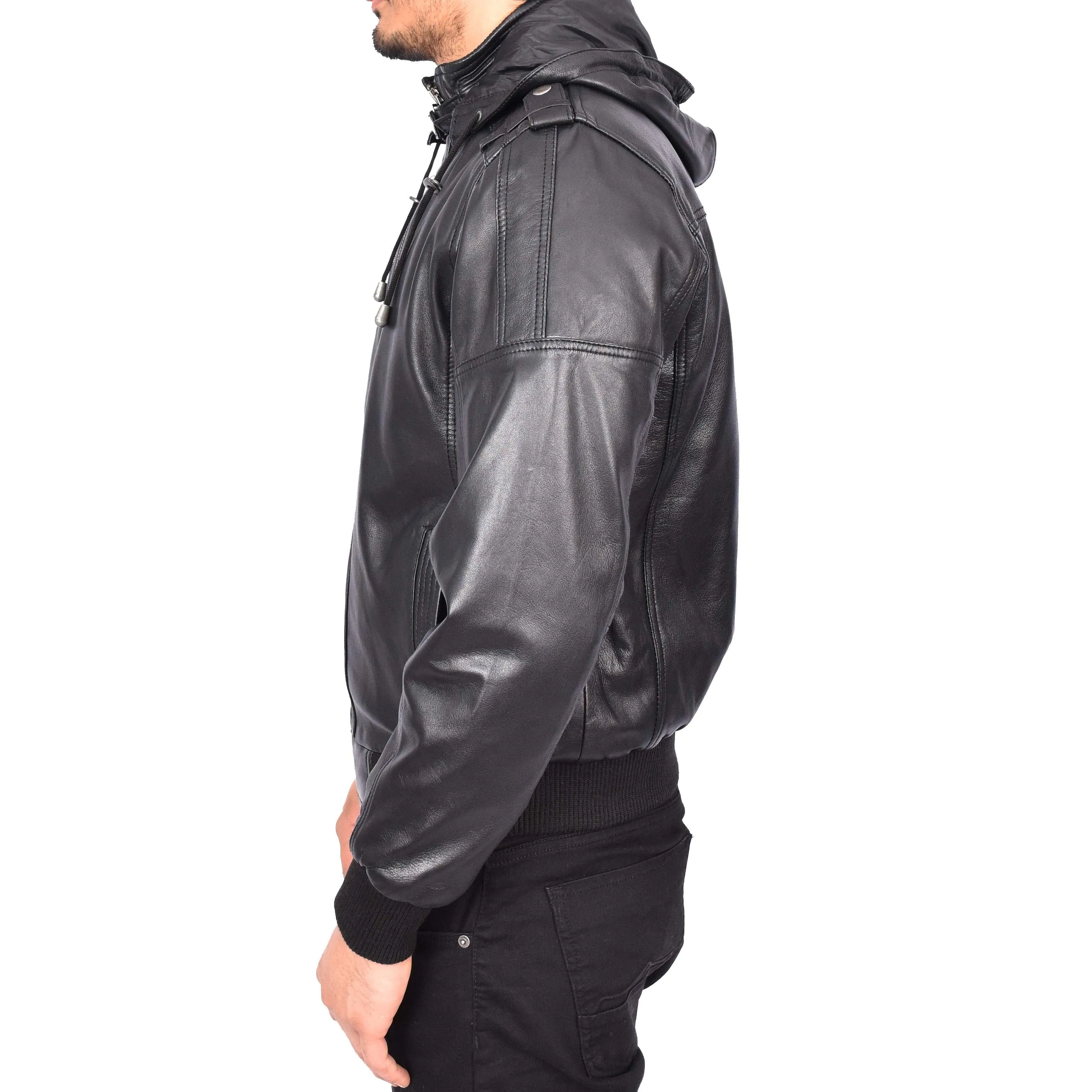 Men's Genuine Leather Bomber Jacket Trendy Removable Hood Casual Style Stevie Black