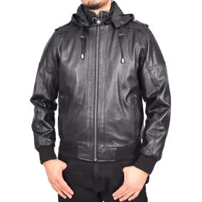 Men's Genuine Leather Bomber Jacket Trendy Removable Hood Casual Style Stevie Black