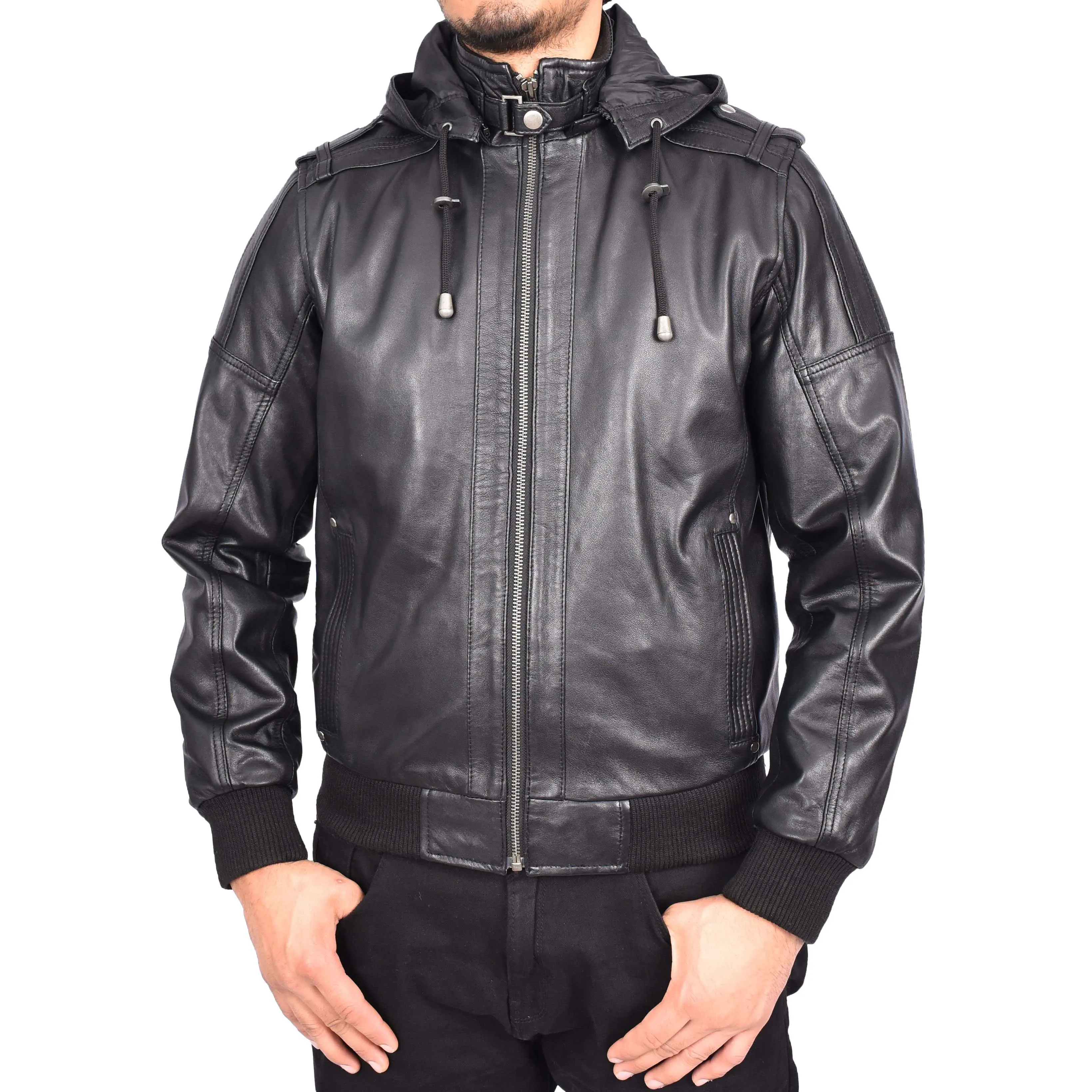 Men's Genuine Leather Bomber Jacket Trendy Removable Hood Casual Style Stevie Black