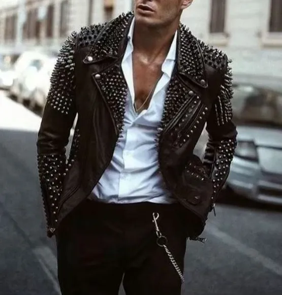 Men's Silver Spikes Studded Brando Leather Jacket