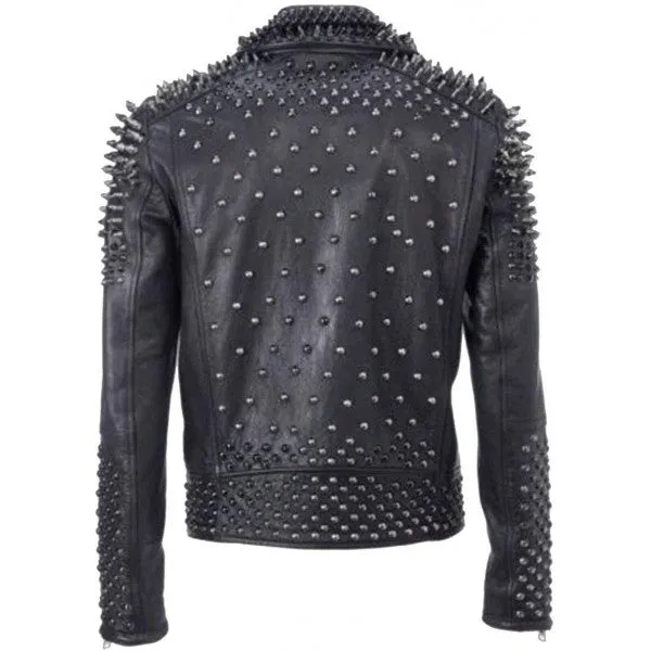 Men's Silver Spikes Studded Brando Leather Jacket