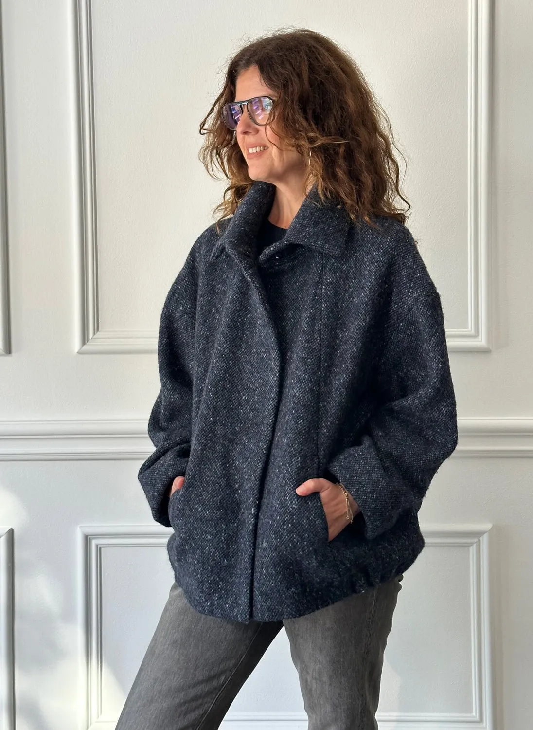 MERCY - Donegal Tweed Car Coat in Indigo Blue